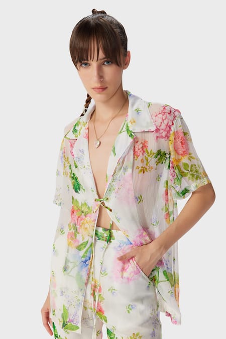 Buy The Iaso Off White Crepe Embroidery Collared Floral Print Beach Shirt Online at Aza Fashions Buy_The Iaso_Off White Crepe Embroidery Collared Floral Print Beach Shirt _Online_at_Aza_Fashions