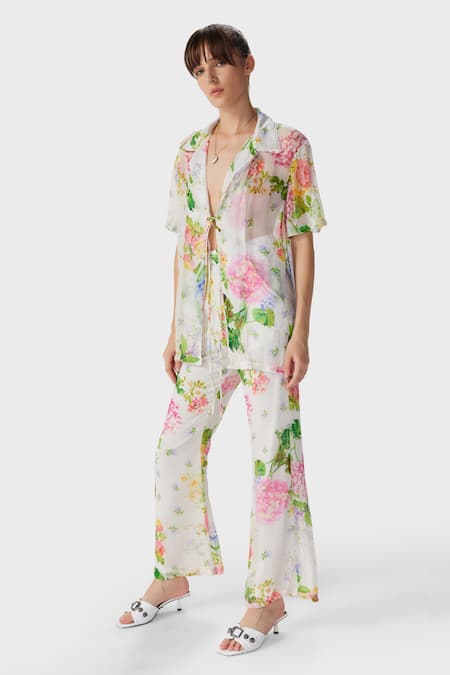 Shop The Iaso Off White Crepe Embroidery Collared Floral Print Beach Shirt Online at Aza Fashions Shop_The Iaso_Off White Crepe Embroidery Collared Floral Print Beach Shirt _Online_at_Aza_Fashions