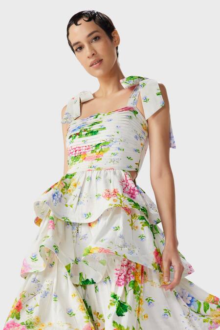 The Iaso_Off White Cotton Boat Neck Floral Print Strappy Maxi Dress _Online_at_Aza_Fashions