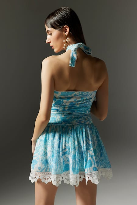 Shop The Iaso Blue Viscose, Cotton, Modal Lace Halter Neck Tal Printed Dress at Aza Fashions Shop_The Iaso_Blue Viscose, Cotton, Modal Lace Halter Neck Tal Printed Dress _at_Aza_Fashions