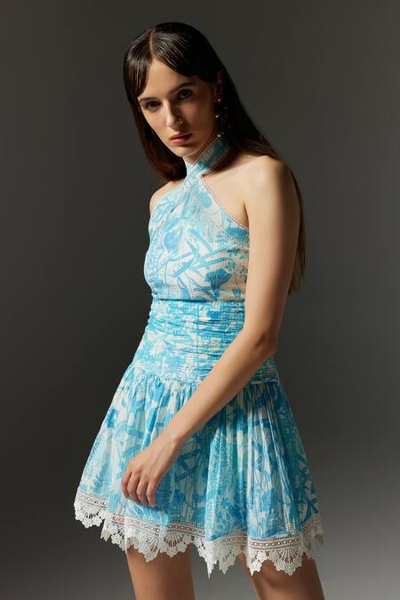 Buy The Iaso Blue Viscose, Cotton, Modal Lace Halter Neck Tal Printed Dress Online at Aza Fashions Buy_The Iaso_Blue Viscose, Cotton, Modal Lace Halter Neck Tal Printed Dress _Online_at_Aza_Fashions