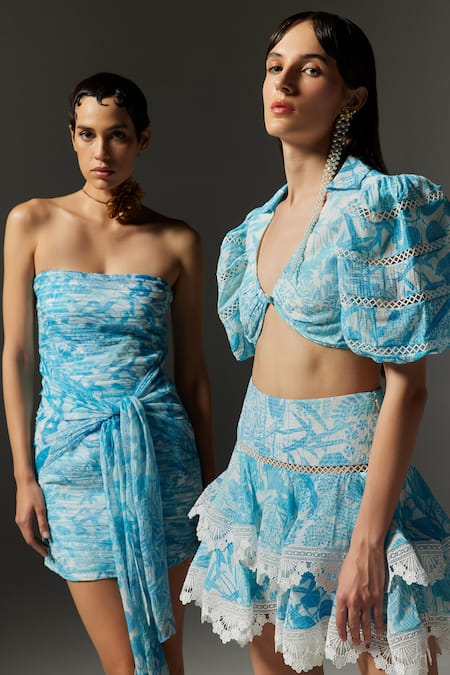 The Iaso_Blue Viscose, Cotton, Modal Plunge Neck Tal Printed Crop Top _Online_at_Aza_Fashions