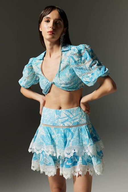 The Iaso_Blue Viscose, Cotton, Modal Plunge Neck Tal Printed Crop Top _at_Aza_Fashions