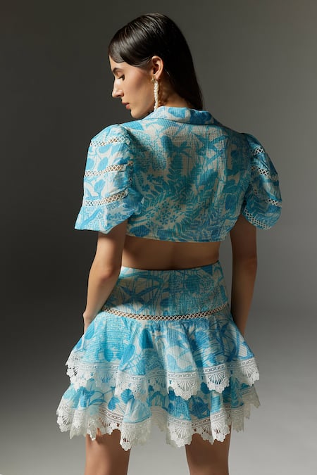 Shop The Iaso Blue Viscose, Cotton, Modal Lace Tal Printed Mini Layered Skirt at Aza Fashions Shop_The Iaso_Blue Viscose, Cotton, Modal Lace Tal Printed Mini Layered Skirt _at_Aza_Fashions
