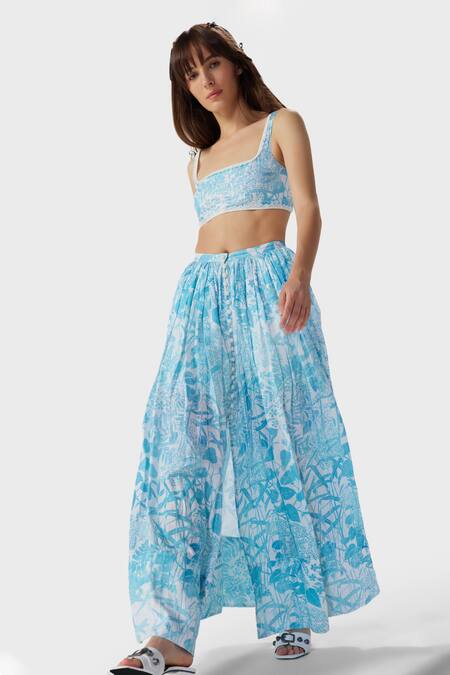 Shop_The Iaso_Blue Linen, Modal Round Neck Tal Botanic Print Bandeau Crop Top _Online_at_Aza_Fashions