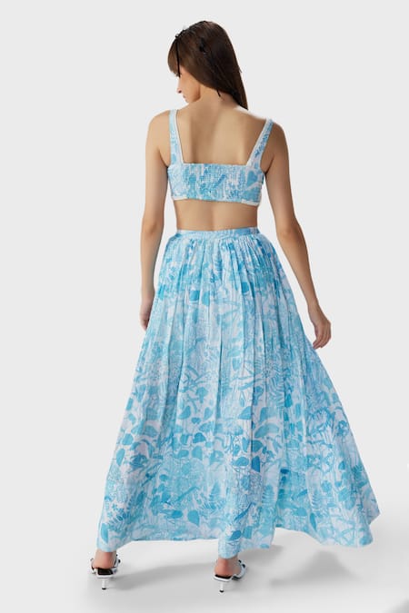 Shop_THE IASO_Blue Linen, Modal Beads Tal Botanic Print Skirt _at_Aza_Fashions