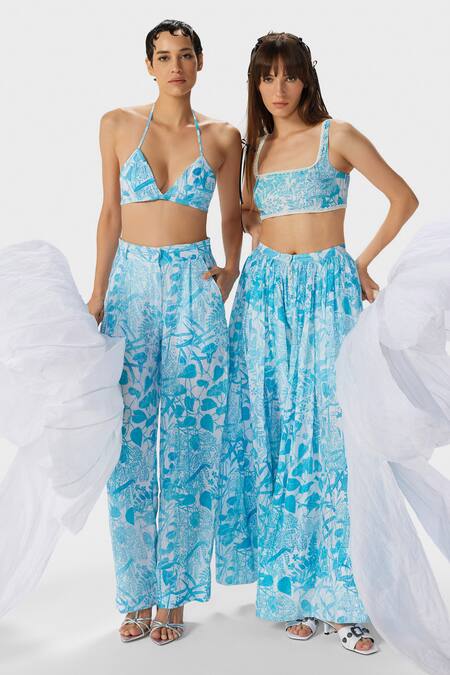 THE IASO_Blue Linen, Modal Beads Tal Botanic Print Skirt _Online_at_Aza_Fashions