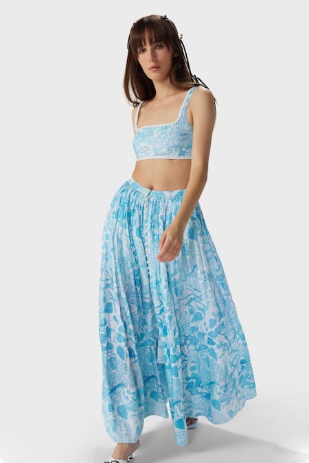 Buy_THE IASO_Blue Linen, Modal Beads Tal Botanic Print Skirt _Online_at_Aza_Fashions