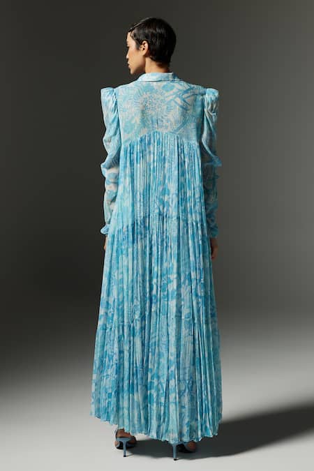 Shop_The Iaso_Blue Viscose, Modal Collared Tal Tiered Printed Dress _at_Aza_Fashions