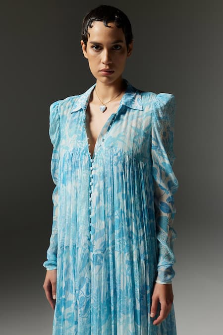 The Iaso_Blue Viscose, Modal Collared Tal Tiered Printed Dress _Online_at_Aza_Fashions