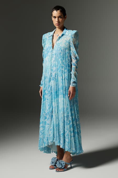 Buy_The Iaso_Blue Viscose, Modal Collared Tal Tiered Printed Dress _Online_at_Aza_Fashions