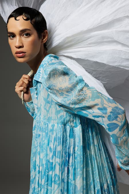 Shop_The Iaso_Blue Viscose, Modal Collared Tal Tiered Printed Dress _Online_at_Aza_Fashions