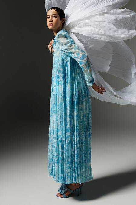 The Iaso_Blue Viscose, Modal Collared Tal Tiered Printed Dress _at_Aza_Fashions