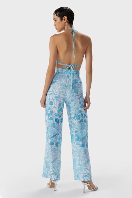 Shop_The Iaso_Blue Linen Embroidery Tal Printed Straight Pant _at_Aza_Fashions