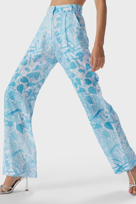 The Iaso_Blue Linen Embroidery Tal Printed Straight Pant _Online_at_Aza_Fashions