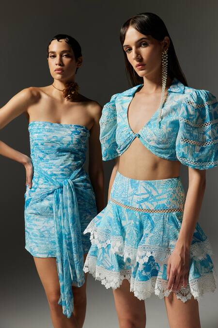 Buy The Iaso Blue Viscose, Modal Square Neck Tal Printed Ruched Tube Dress Online at Aza Fashions Buy_The Iaso_Blue Viscose, Modal Square Neck Tal Printed Ruched Tube Dress _Online_at_Aza_Fashions