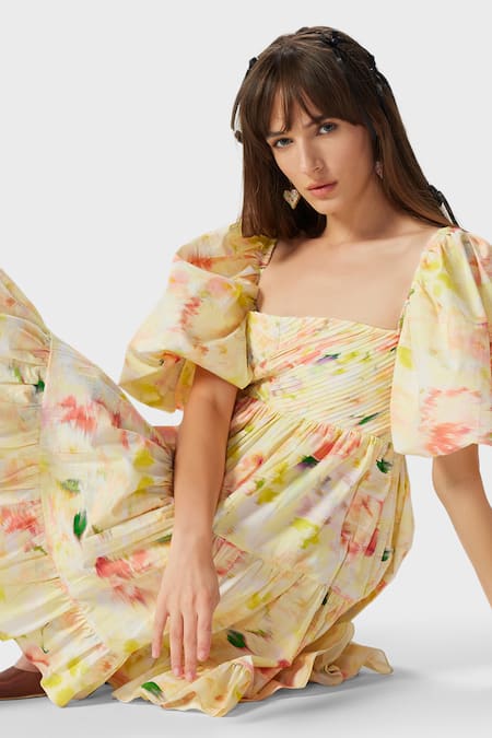 The Iaso_Yellow Cotton, Poplin Square Neck Eve Abstract Print Tiered Dress _Online_at_Aza_Fashions