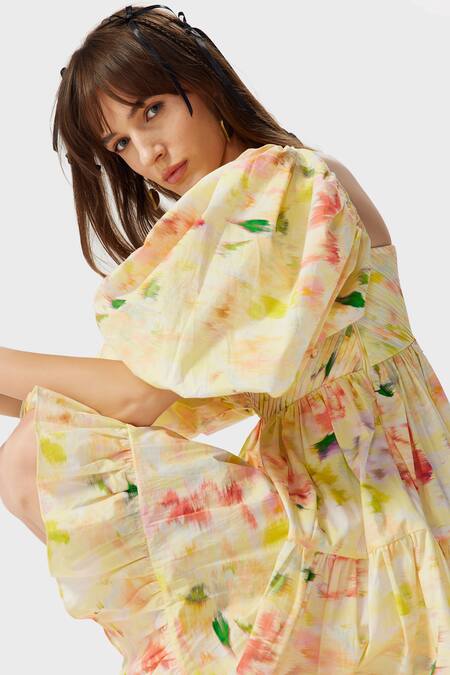 Buy_The Iaso_Yellow Cotton, Poplin Square Neck Eve Abstract Print Tiered Dress _Online_at_Aza_Fashions