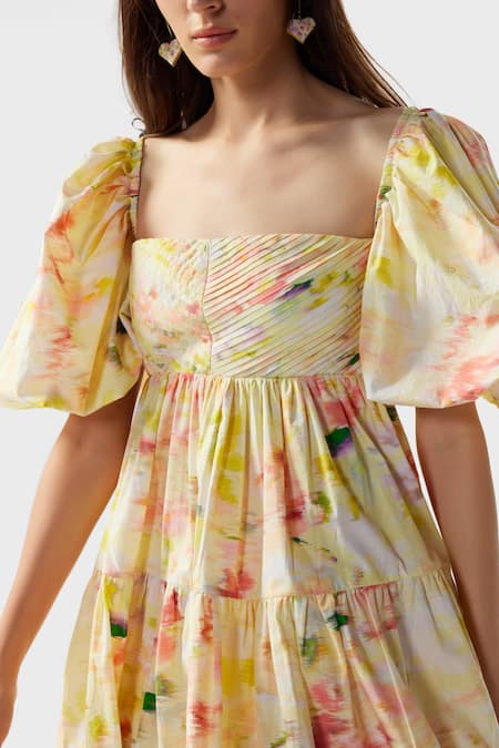 The Iaso_Yellow Cotton, Poplin Square Neck Eve Abstract Print Tiered Dress _at_Aza_Fashions