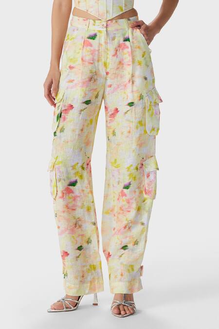 The Iaso_Yellow Linen Eve Printed Cargo Pant _Online_at_Aza_Fashions