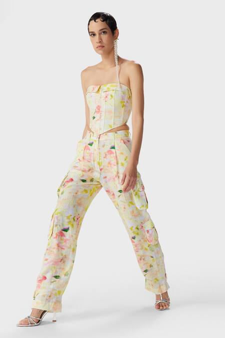 Buy_The Iaso_Yellow Linen Eve Printed Cargo Pant _Online_at_Aza_Fashions