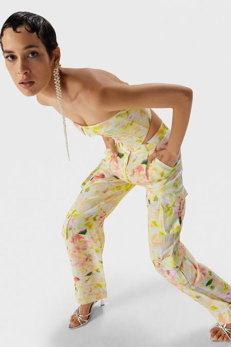 Shop_The Iaso_Yellow Linen Eve Printed Cargo Pant _Online_at_Aza_Fashions