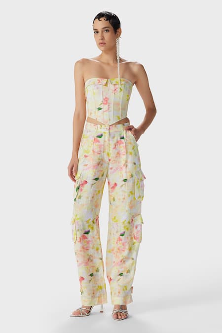 Buy_The Iaso_Yellow Linen, Modal Square Neck Eve Printed Corset _Online_at_Aza_Fashions
