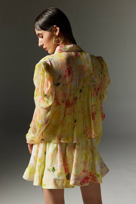 Shop_The Iaso_Yellow Chiffon, Modal Collared Eve Abstract Print Shirt _at_Aza_Fashions