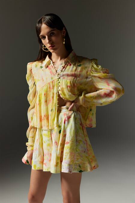 The Iaso_Yellow Chiffon, Modal Collared Eve Abstract Print Shirt _Online_at_Aza_Fashions