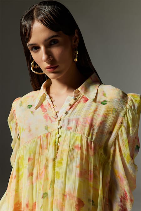 Buy_The Iaso_Yellow Chiffon, Modal Collared Eve Abstract Print Shirt _Online_at_Aza_Fashions