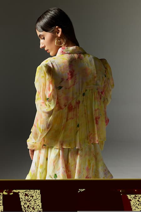 Shop The Iaso Yellow Linen, Modal Eve Abstract Print Skater Skirt at Aza Fashions Shop_The Iaso_Yellow Linen, Modal Eve Abstract Print Skater Skirt _at_Aza_Fashions