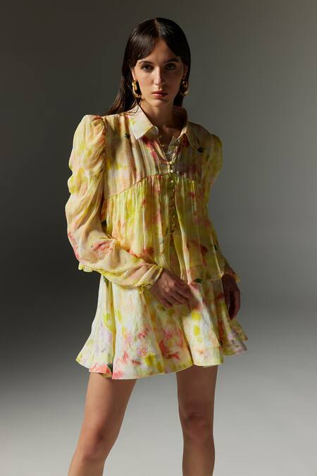 The Iaso Yellow Linen, Modal Eve Abstract Print Skater Skirt Online at Aza Fashions The Iaso_Yellow Linen, Modal Eve Abstract Print Skater Skirt _Online_at_Aza_Fashions