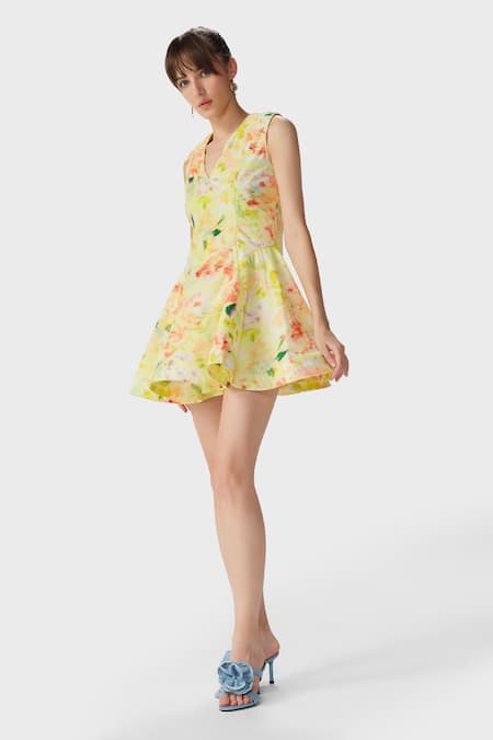 The Iaso_Yellow Linen, Modal V-neck Eve Abstract Print Skater Dress _Online_at_Aza_Fashions