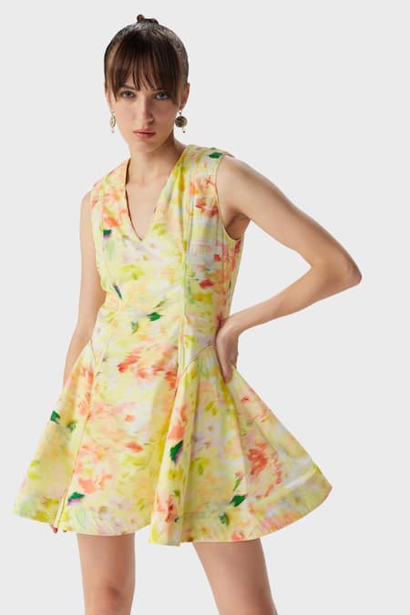 Buy_The Iaso_Yellow Linen, Modal V-neck Eve Abstract Print Skater Dress _Online_at_Aza_Fashions