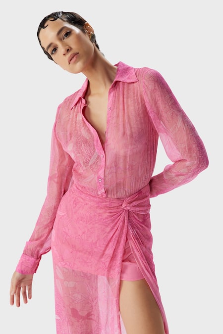 Shop_The Iaso_Pink Crepe, Chiffon, Modal Collared, Button-down Rue Flirty Printed Shirt Dress _Online_at_Aza_Fashions