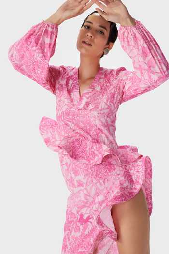 The Iaso_Pink Cotton V-neck Rue Printed Asymmetric Dress _Online_at_Aza_Fashions