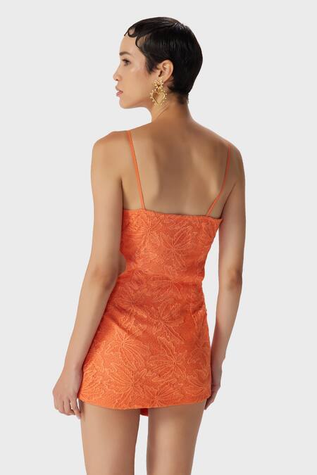 Shop_THE IASO_Orange Lace, Modal Embroidery Asymmetric, Square Neck Miel Short Dress _at_Aza_Fashions