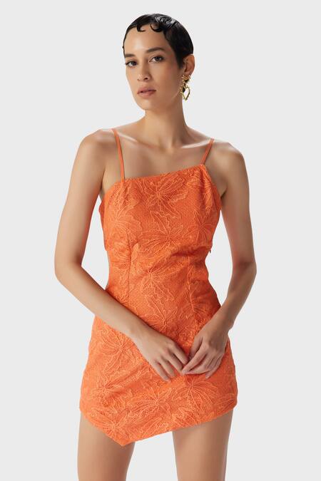 THE IASO_Orange Lace, Modal Embroidery Asymmetric, Square Neck Miel Short Dress _Online_at_Aza_Fashions