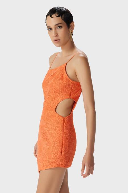 Buy_THE IASO_Orange Lace, Modal Embroidery Asymmetric, Square Neck Miel Short Dress _Online_at_Aza_Fashions