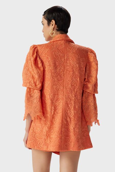 Shop The Iaso Orange Lace, Modal Embroidery Collared Miel Jacket at Aza Fashions Shop_The Iaso_Orange Lace, Modal Embroidery Collared Miel Jacket _at_Aza_Fashions