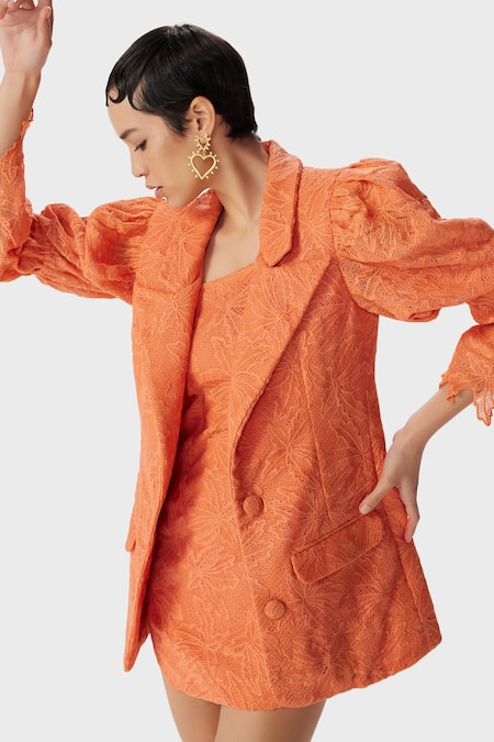 Buy The Iaso Orange Lace, Modal Embroidery Collared Miel Jacket Online at Aza Fashions Buy_The Iaso_Orange Lace, Modal Embroidery Collared Miel Jacket _Online_at_Aza_Fashions