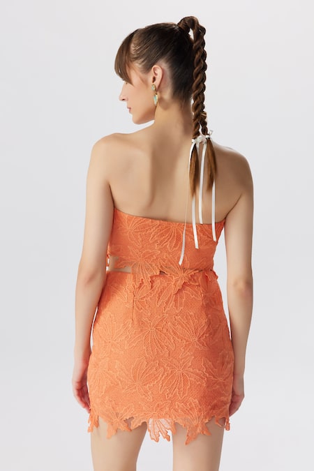 Shop The Iaso Orange Lace, Modal Embroidery Miel Short Skirt at Aza Fashions Shop_The Iaso_Orange Lace, Modal Embroidery Miel Short Skirt _at_Aza_Fashions