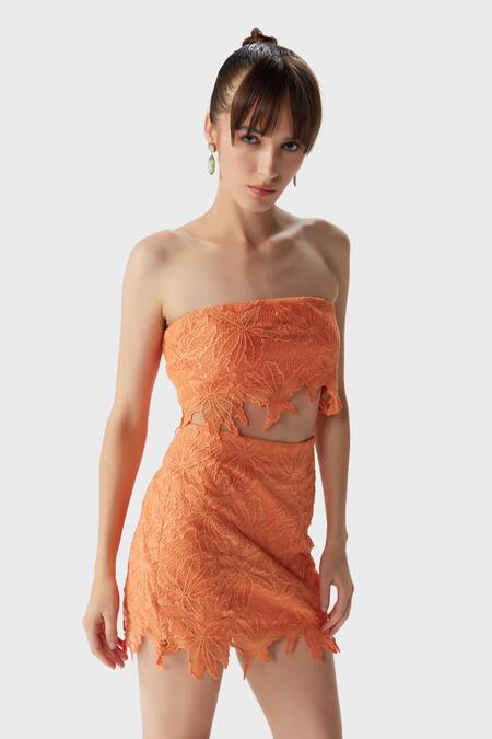 The Iaso Orange Lace, Modal Embroidery Miel Short Skirt Online at Aza Fashions The Iaso_Orange Lace, Modal Embroidery Miel Short Skirt _Online_at_Aza_Fashions