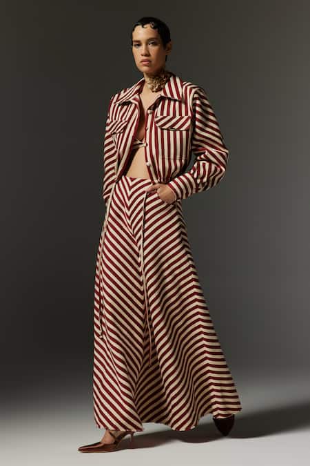 Shop_The Iaso_Maroon Jacquard Bria Chevron Pattern Skirt _Online_at_Aza_Fashions