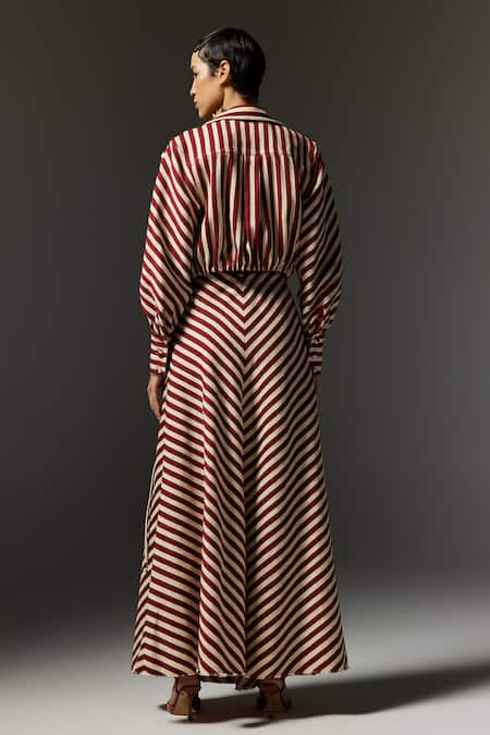 Shop The Iaso Maroon Jacquard Collared Bria Stripe Pattern Shacket at Aza Fashions Shop_The Iaso_Maroon Jacquard Collared Bria Stripe Pattern Shacket _at_Aza_Fashions