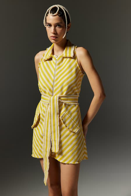 The Iaso_Yellow Jacquard Collared Willa Stripe Pattern Dress _Online_at_Aza_Fashions