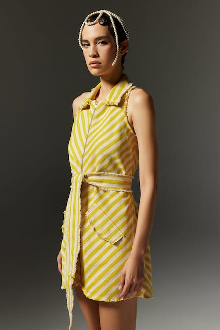 Buy_The Iaso_Yellow Jacquard Collared Willa Stripe Pattern Dress _Online_at_Aza_Fashions