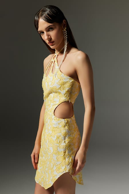 Buy The Iaso Yellow Jacquard, Cotton Embroidery Halter Neck Wren Lace Dress Online at Aza Fashions Buy_The Iaso_Yellow Jacquard, Cotton Embroidery Halter Neck Wren Lace Dress _Online_at_Aza_Fashions