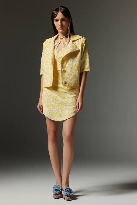 THE IASO Yellow Jacquard Wren Lace Embroidered Jacket