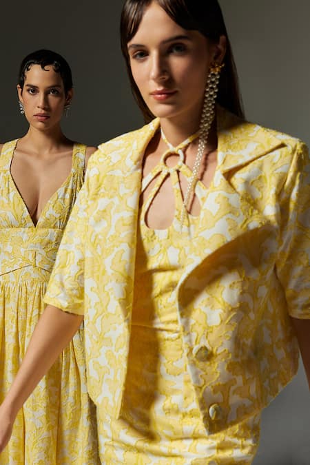 The Iaso_Yellow Jacquard, Cotton Embroidery Collared Wren Lace Jacket _Online_at_Aza_Fashions